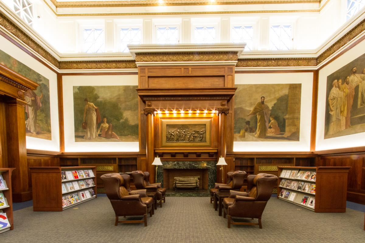 Library Mural Room Seating Area Next to Fireplace