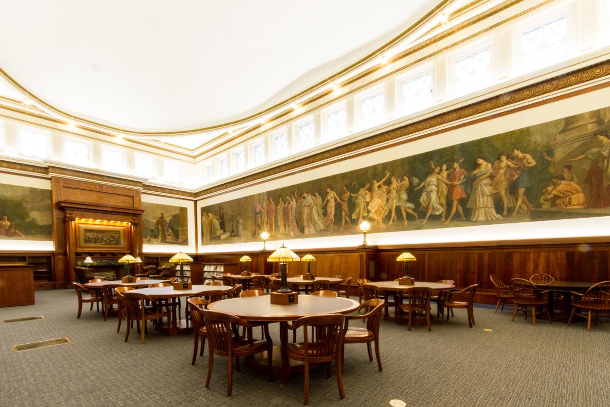 Library Mural Room Seating Area with Tables 1