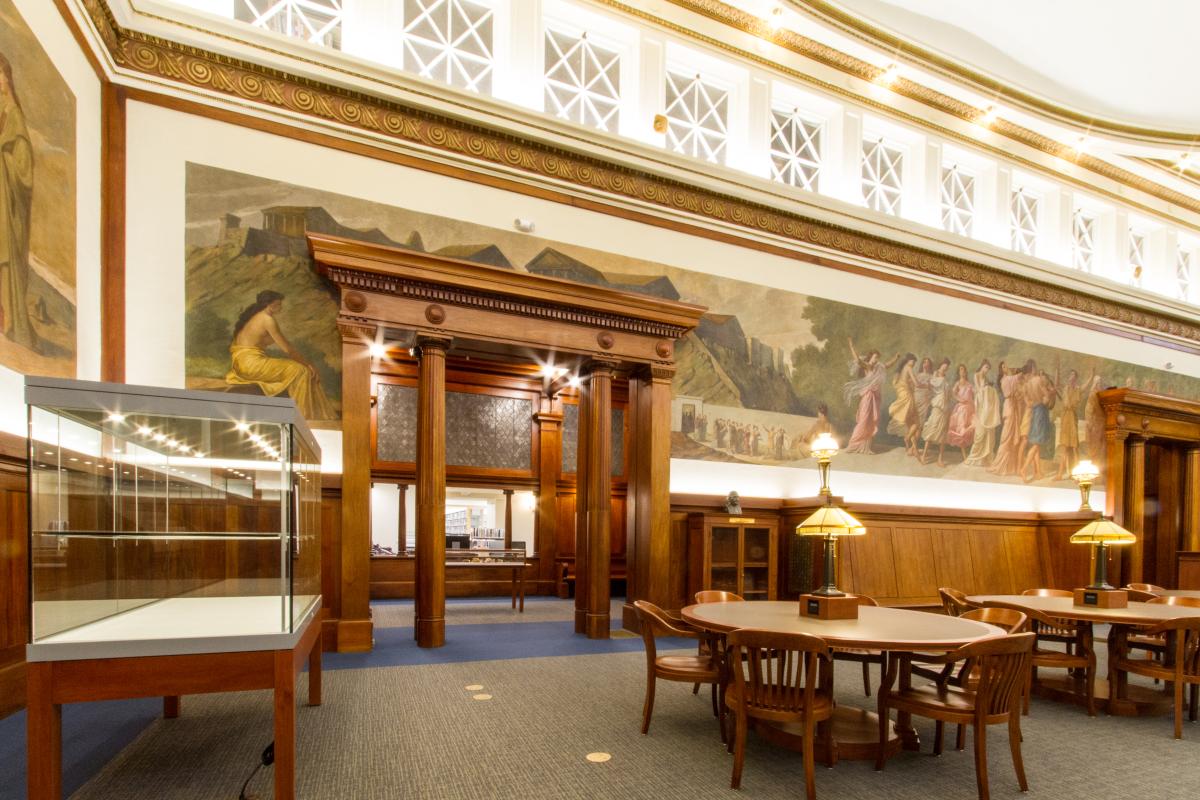 Library Mural Room Seating Area with Tables 3